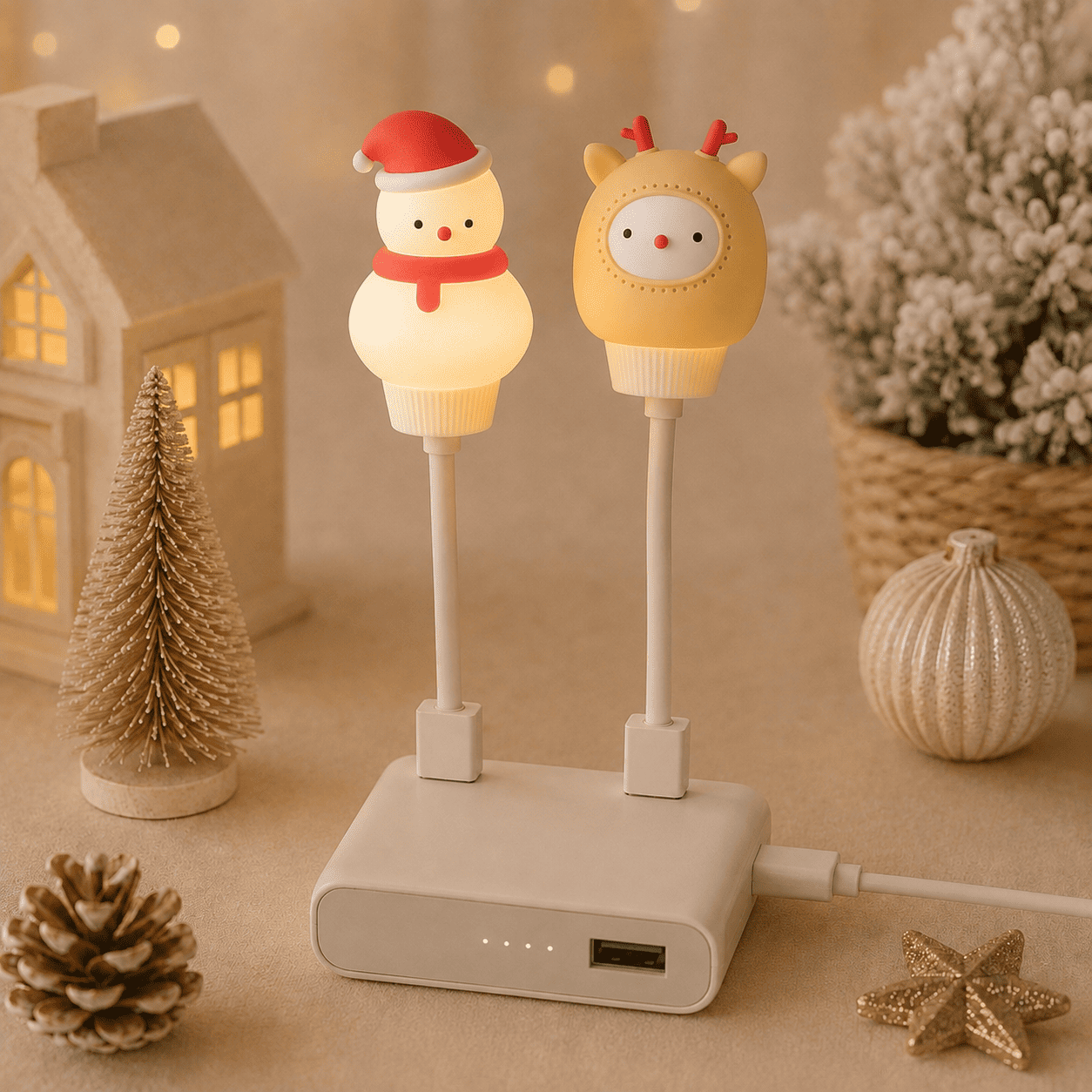 Veilleuse USB bonhomme de neige et renne dans un décor de noël